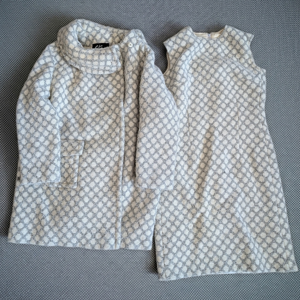 Elegant, Vintage Wool, Light Gray And Beige Patterned Women's Coat and Dress Set